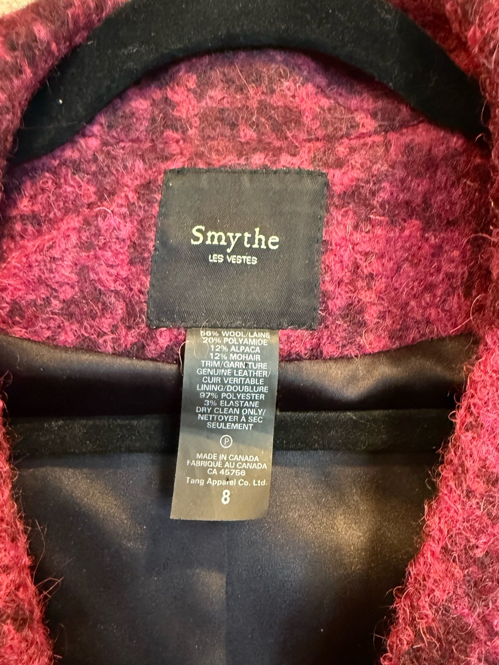 SMYTHE Les Vestes Burgundy Plaid Wool Blend Leather Trim Blazer Jacket Size 8 - Picture 4 of 4